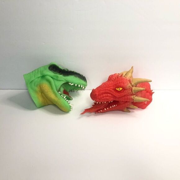 schilling dragon hand puppets lot of 2 red and green squishy rubber - Picture 1 of 3